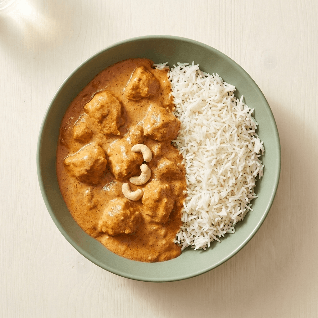 Indisches Butter Chicken in cremiger Cashewsauce mit Joghurt Dip – frisch gekochtes Tagesgericht von Topf & Deckel Wien